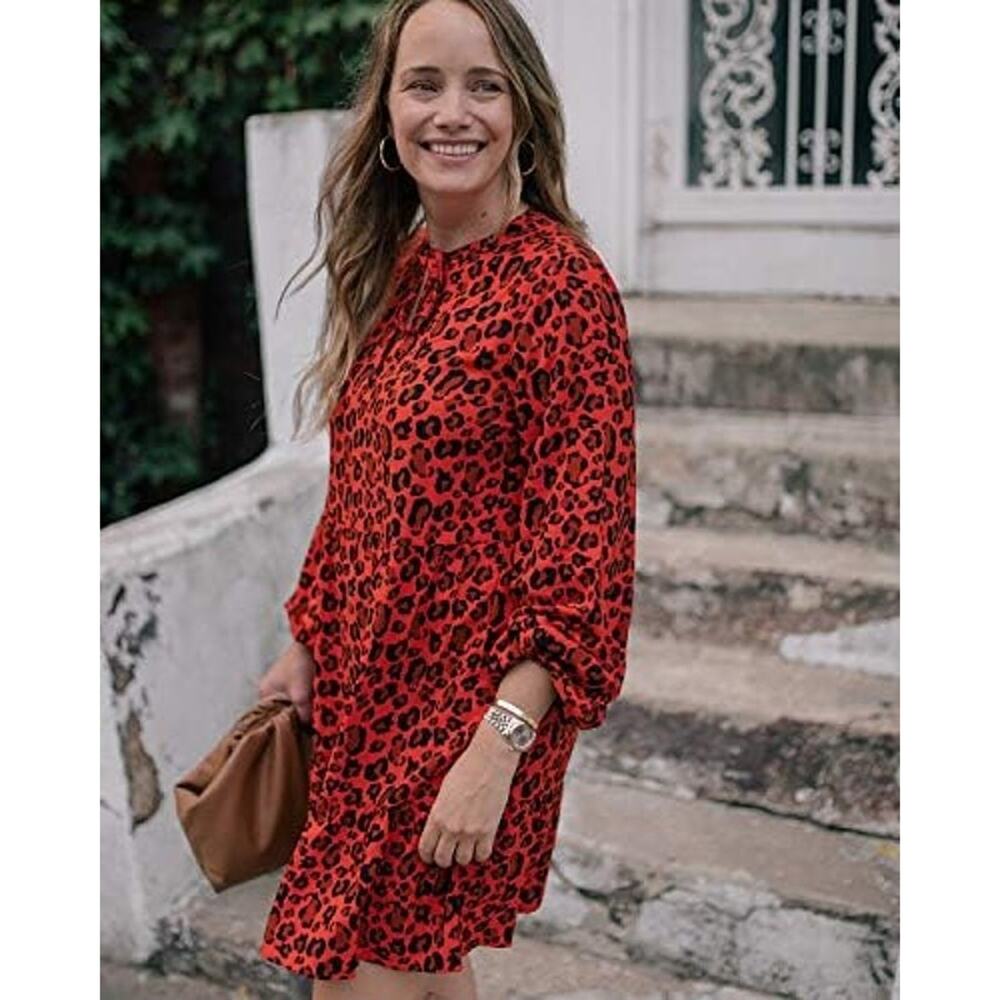 NWT Grace Atwood The Drop Red Animal Print Loose Fit Tiered Dress Size S